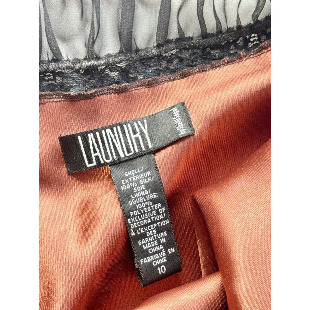 Vintage LAUNDRY BY SHELLI SEGAL Brown Lace Print Silk Beaded Slip Dress, Size 10 - Picture 11 of 12